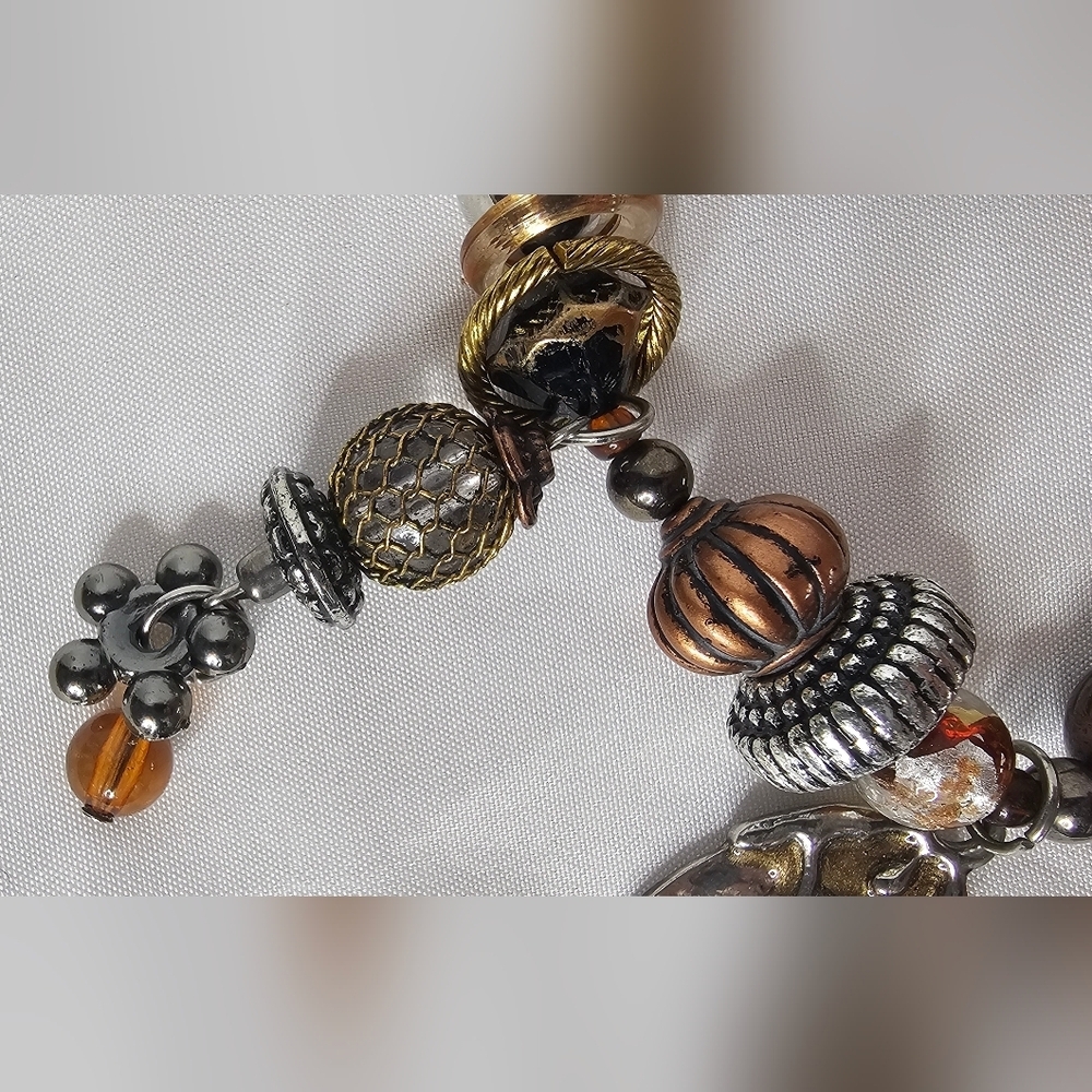 Vintage Treska Beaded Charm Stretch Bracelet -Mixed Metals & Amber Accents Boho - Picture 6 of 7